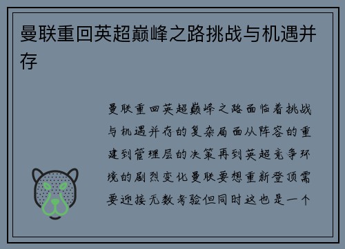 曼联重回英超巅峰之路挑战与机遇并存